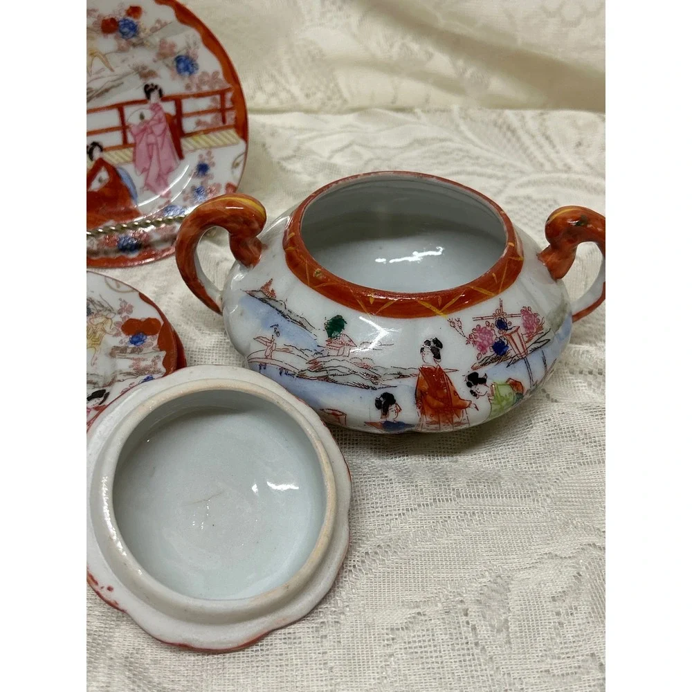 Vintage Japanese Three Geisha‎ Girls Porcelain Sugar Bowl, Lid and 3 Saucers Set